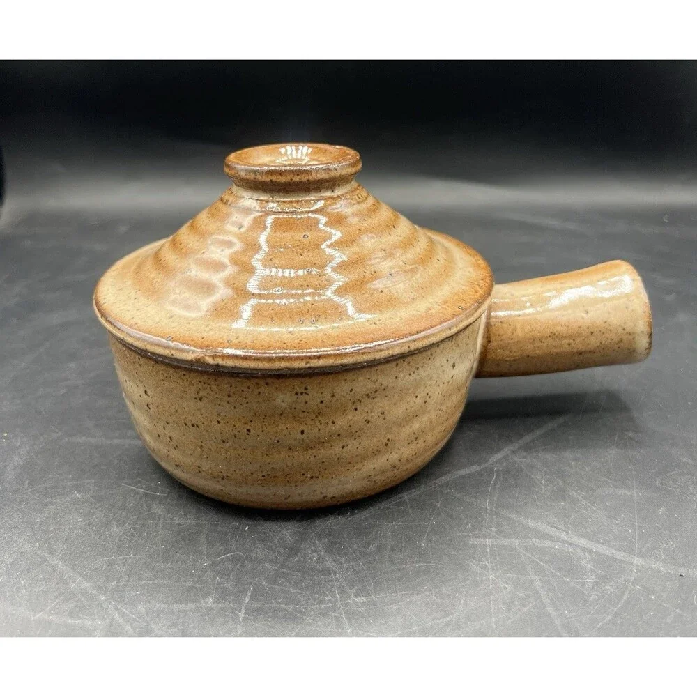 Vintage Brown Speckled Stoneware Soup Crock Bowl w Lid Side Handle Vented
